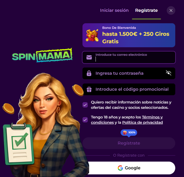 Formulario de registro en Spinmama casino