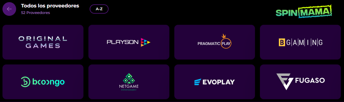 Listado de proveedores de juegos en Spinmama casino
