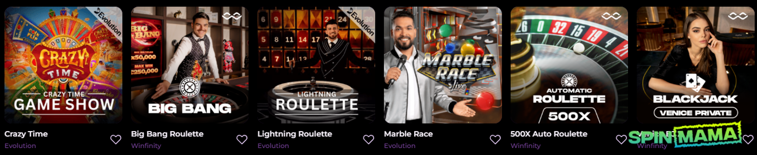 Juegos en vivo de casino en Spinmama: blackjack, ruleta, baccarat